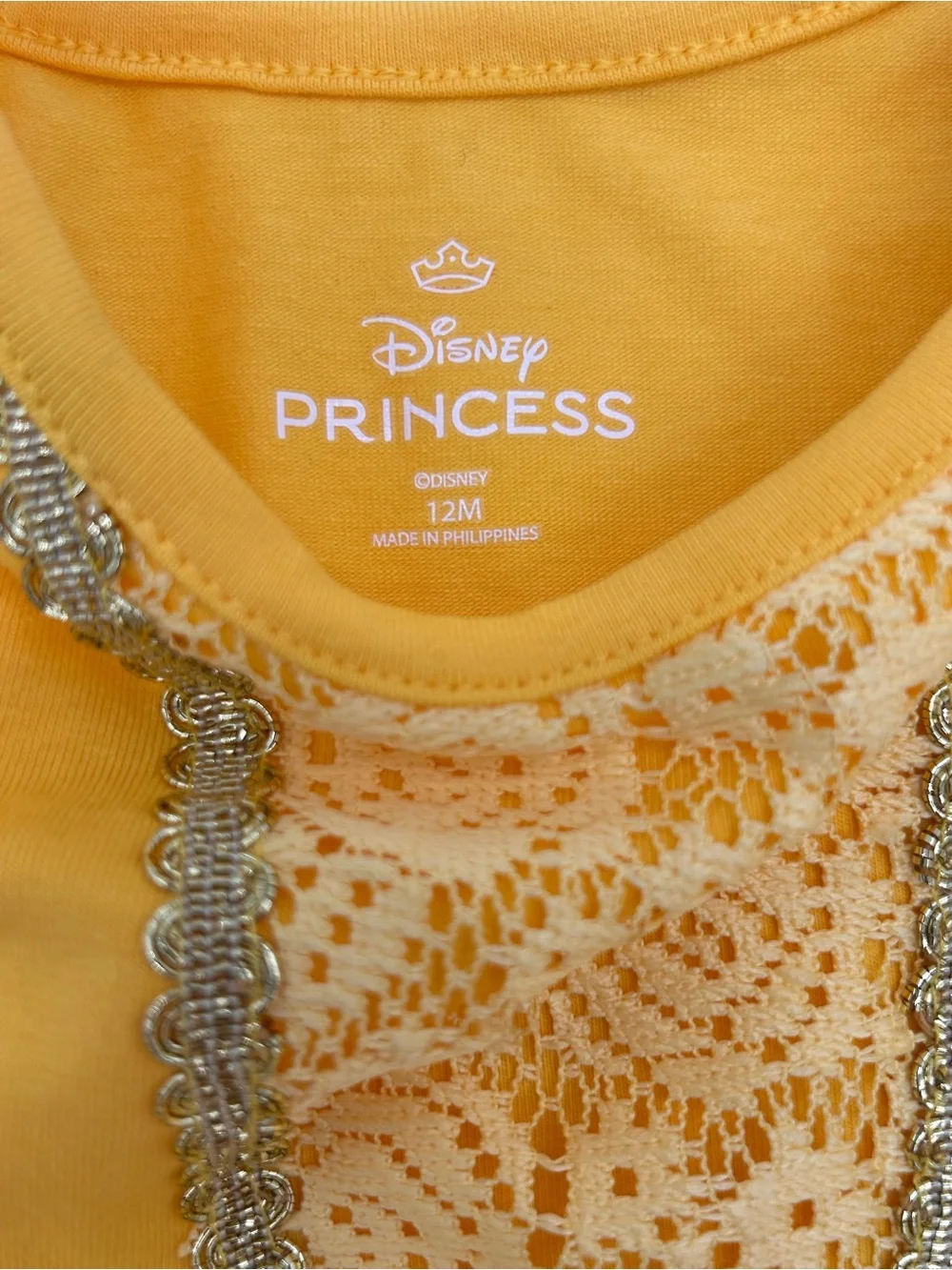 Disney Bright Yellow Tulle Lace Princess Dress Costume 12 Months